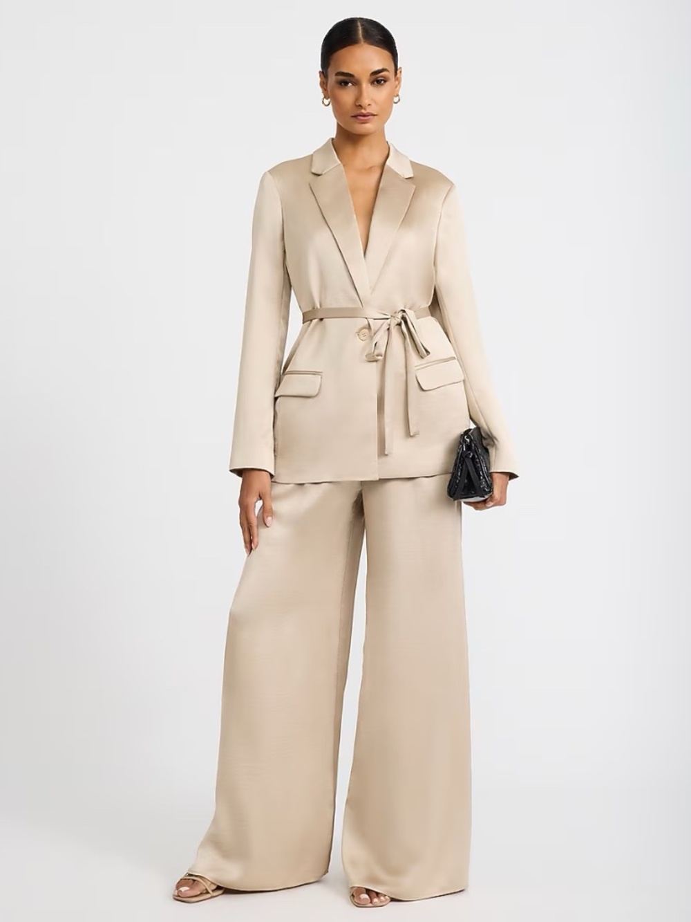 Express-Soft Beige Satin 2-Piece Wide Leg Pant Suit 14L/XL